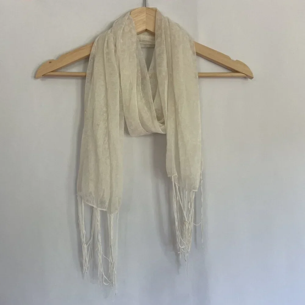 Sheer floral white scarf lightweight elegant delicate frilled design
